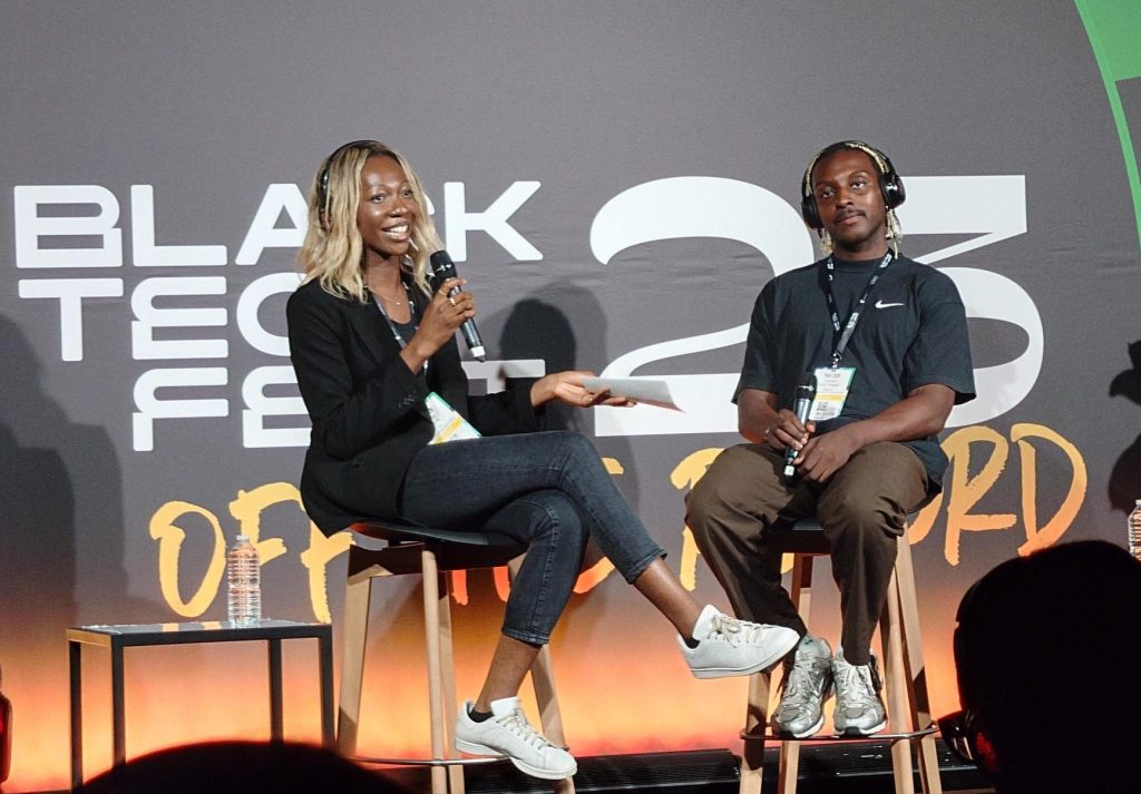 Oduwa Edo-Osagie being interviewed at Black Tech Fest, 2023