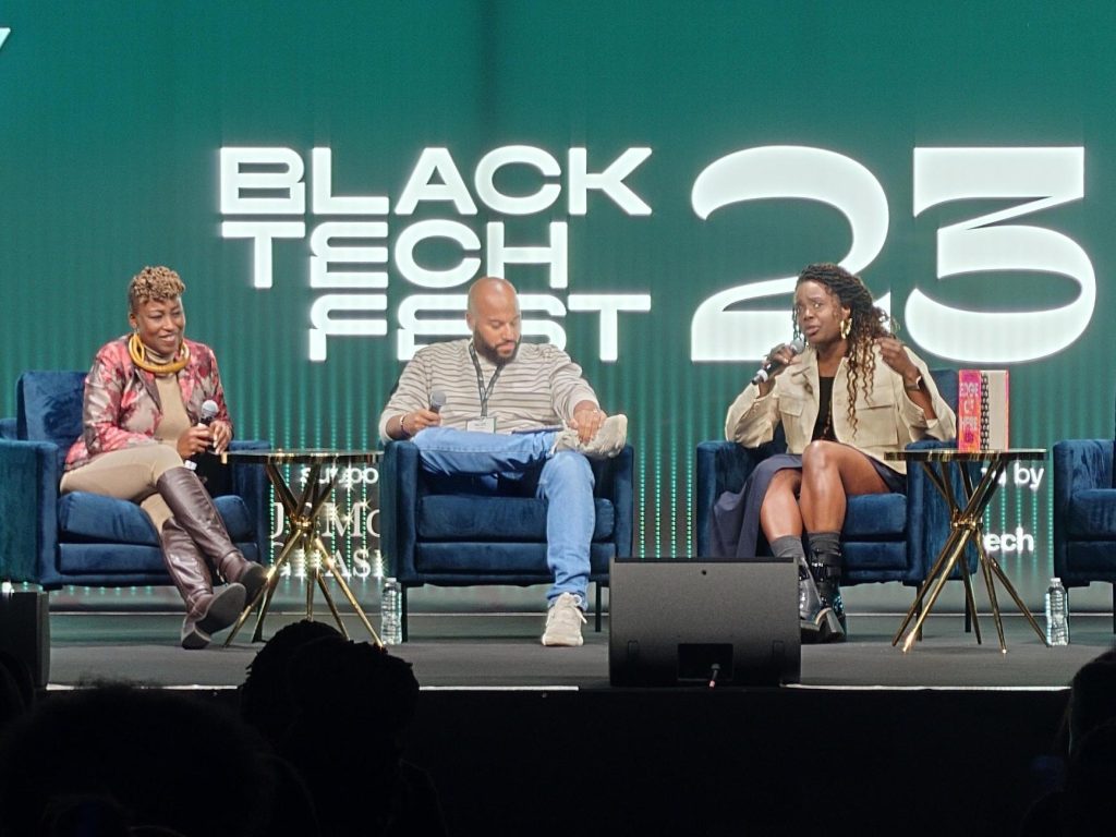 Dr Shola and Kelechi Okafor on stage at Black Tech Fest, 2023