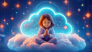 Make-A-Wish UK moves to the Cloud: AI generated image of a child sitting on a cloud making a wish.
